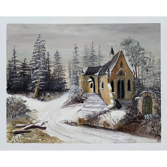 Templom az út szélén - olajfestmény faroston 50x40 cm